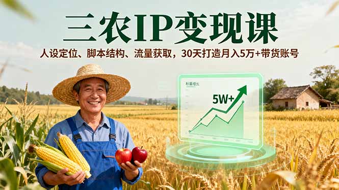 三农IP变现课，人设定位、脚本结构、流量获取，30天打造月入5万+带货账号-亿佰盟网